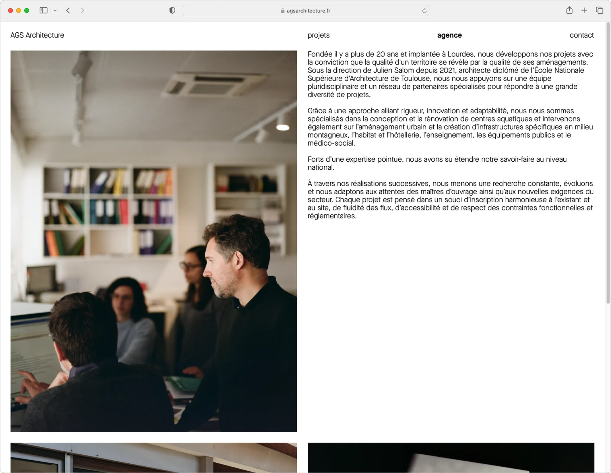 Page de présentation de l'agence sur le site AGS Architecture — webdesign sobre avec photo d'équipe, graphiste freelance Toulouse, Occitanie