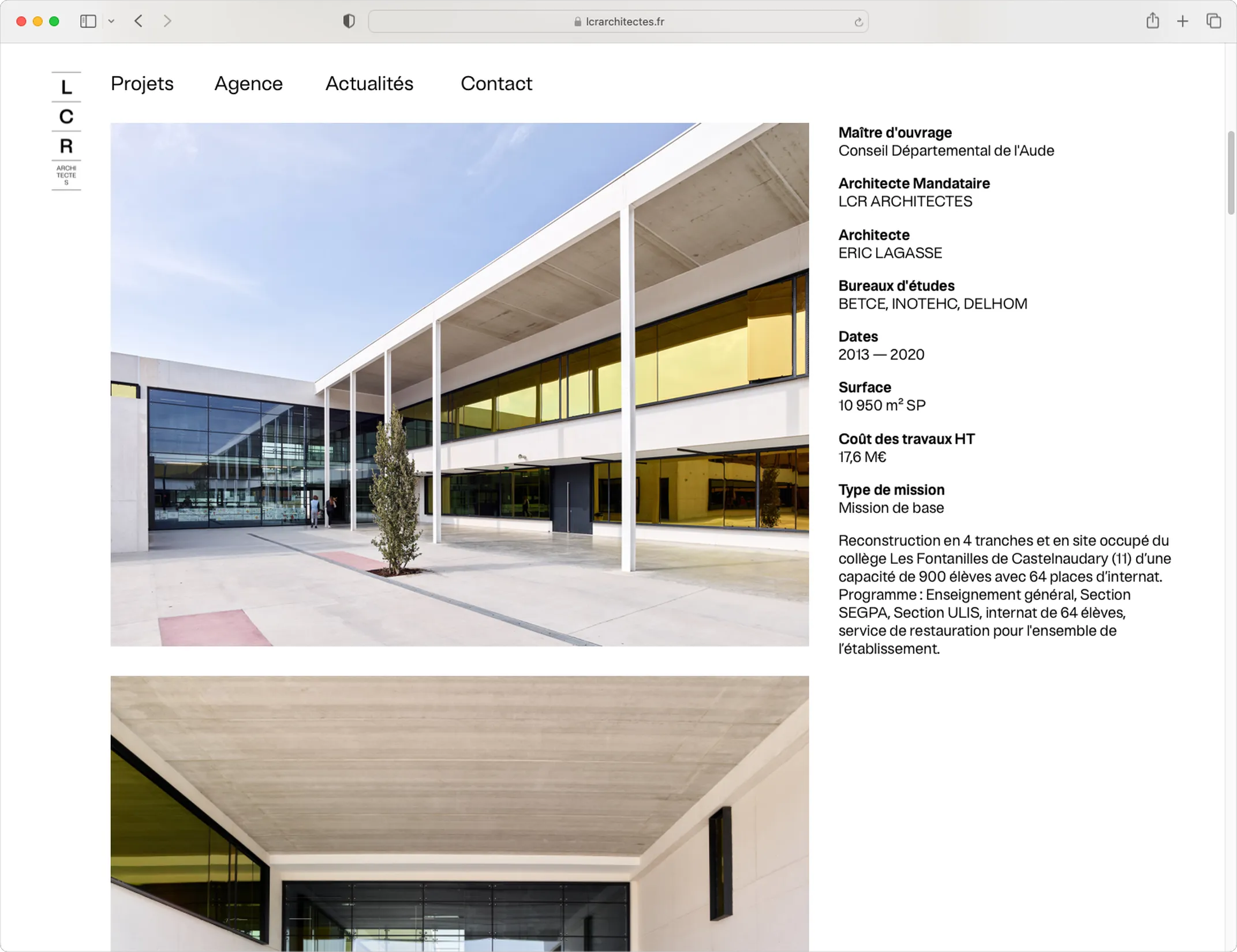 Détail de fiche projet sur le site LCR Architectes — webdesign éditorial avec galerie photo et données de chantier, graphiste freelance Occitanie