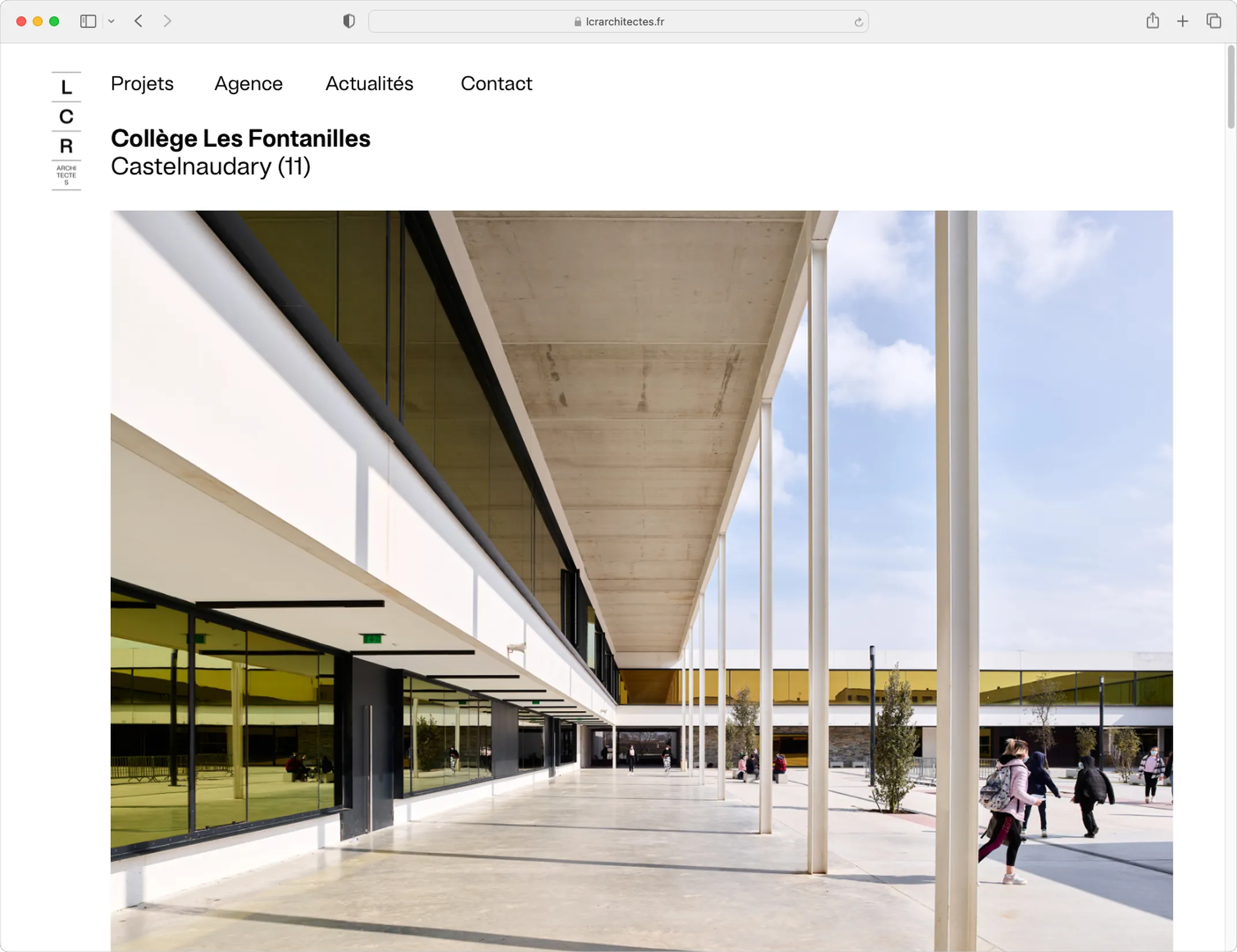 Page projet Collège Les Fontanilles sur le site LCR Architectes — webdesign fiche de réalisation pour équipement scolaire, graphiste freelance Cahors, Occitanie