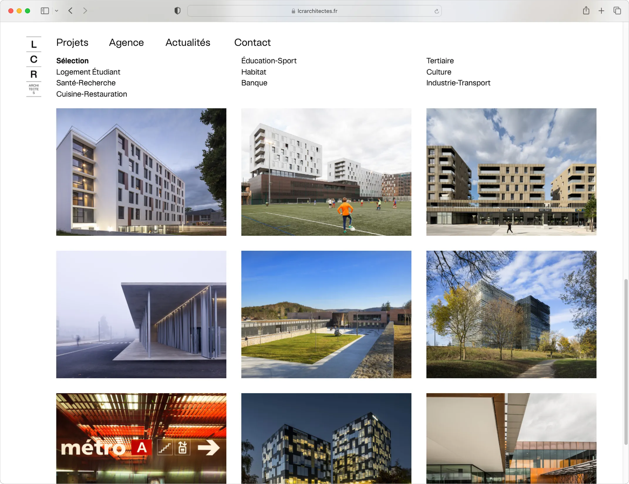 Page projets en grille du site LCR Architectes — webdesign avec galerie photographique de réalisations architecturales, graphiste freelance Toulouse, Occitanie