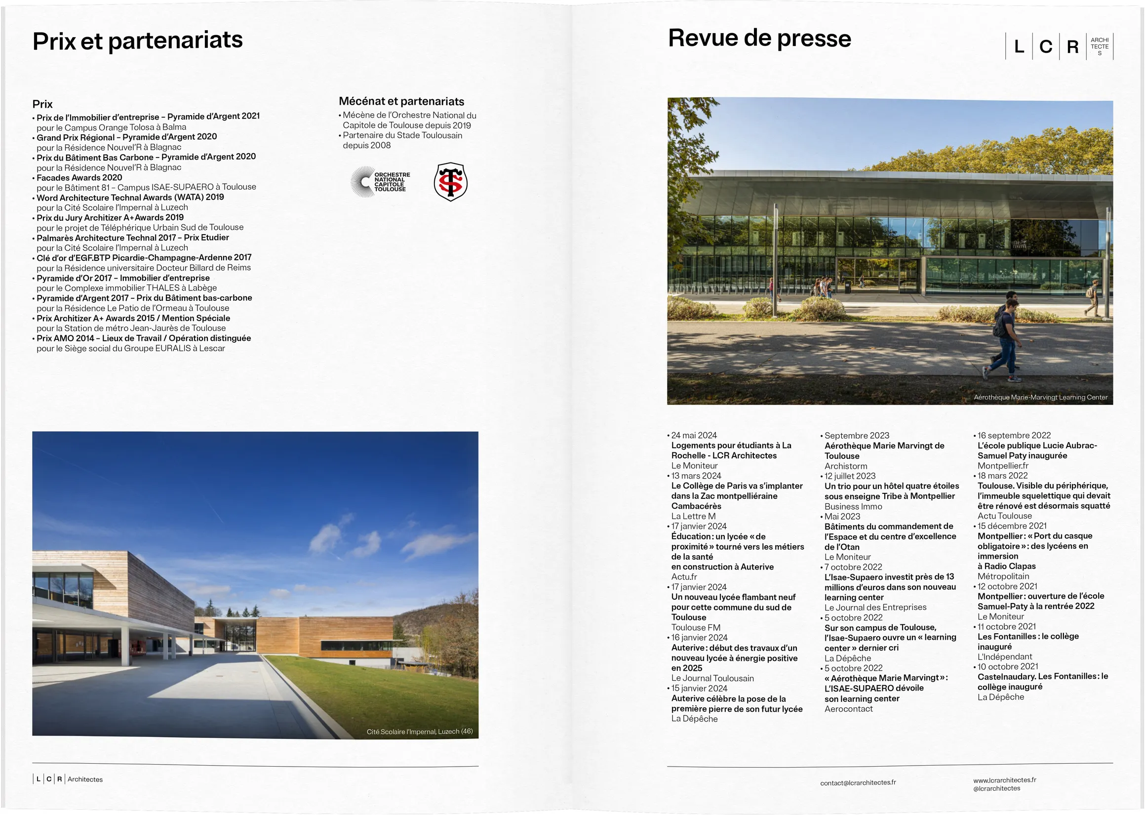 Gabarit Prix et partenariats et revue de presse LCR Architectes — design de document multirubriques pour agence d'architecture primée, graphiste freelance Toulouse, Occitanie