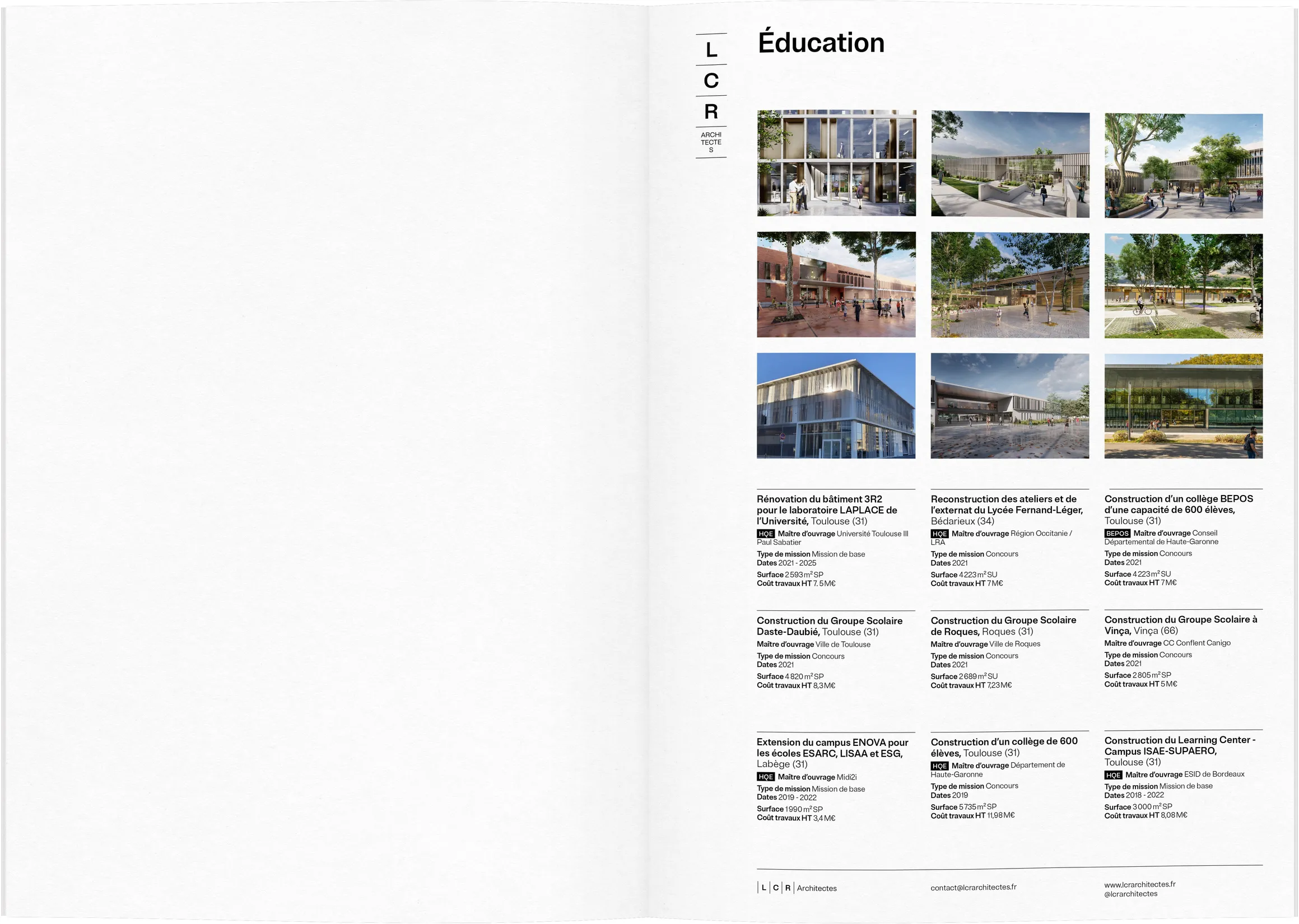 Gabarit Prix et partenariats et revue de presse LCR Architectes — design de document multirubriques pour agence d'architecture primée, graphiste freelance Toulouse, Occitanie