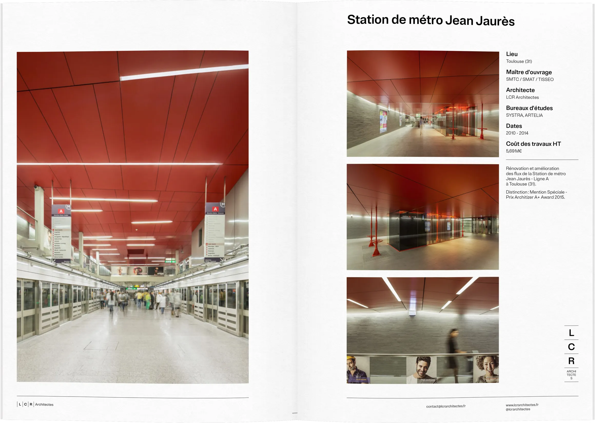 Gabarit de fiche projet Station de métro Jean Jaurès pour LCR Architectes — design print de document de présentation architecturale, graphiste freelance Cahors, Occitanie