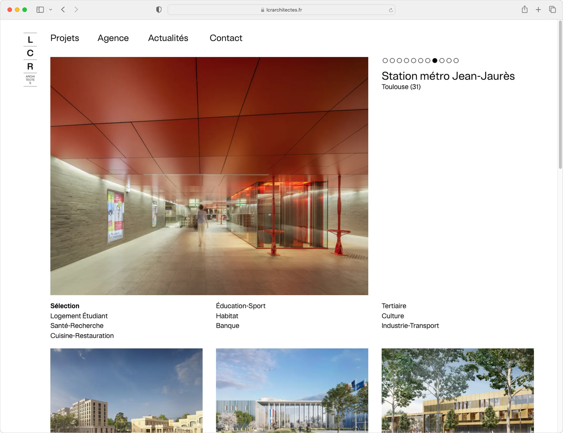 Page projet Station métro Jean Jaurès sur le site LCR Architectes — webdesign fiche de réalisation avec photographies et données techniques, graphiste freelance Toulouse, Occitanie